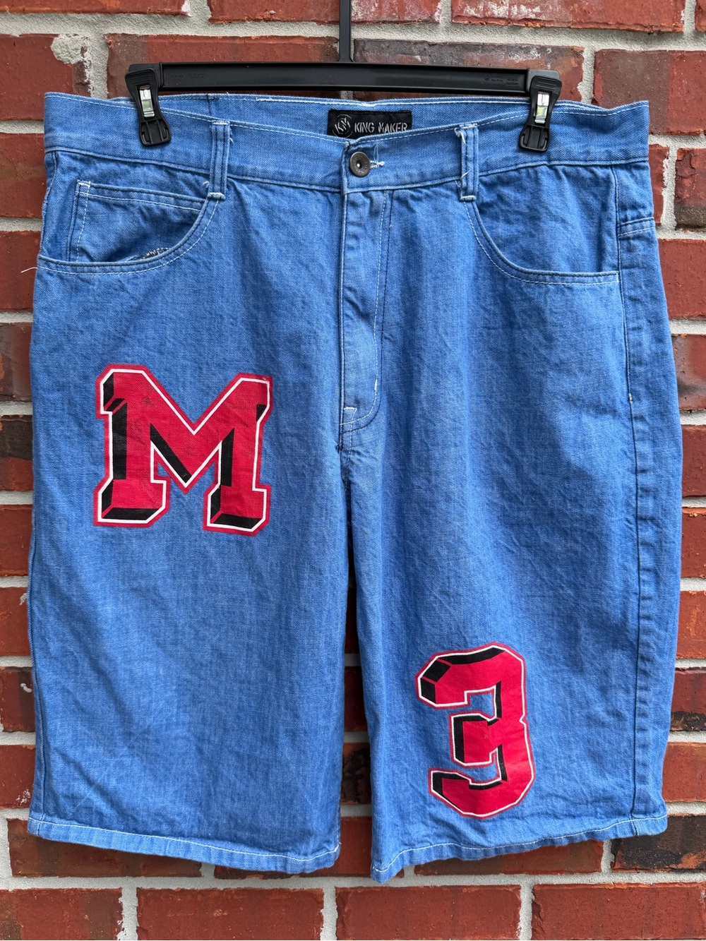 King Maker Y2K Men’s Size 40 Blue Denim Shorts w/ Red # & Letter Street Wear P1